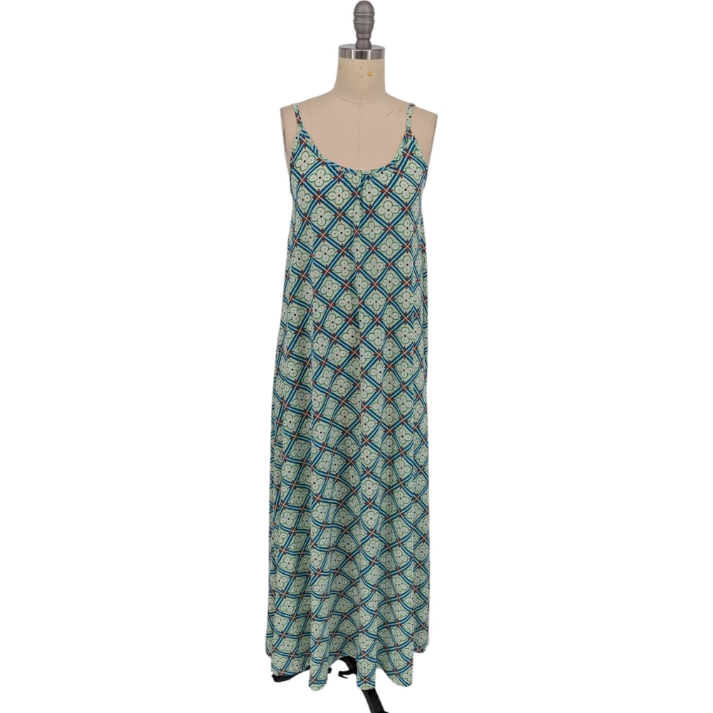 01571 India Boutique Geometric Print Mesh Maxi Dress White Blue OS retro summer